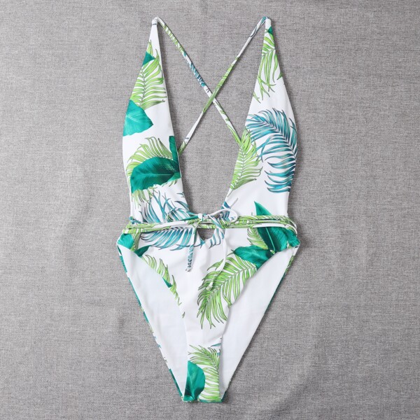

Tropical Plunging One Piece Swimsuit, Multicolor