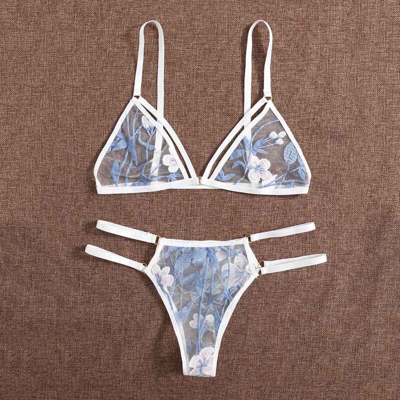 

Floral Embroidered Mesh Lingerie Set, Blue and white