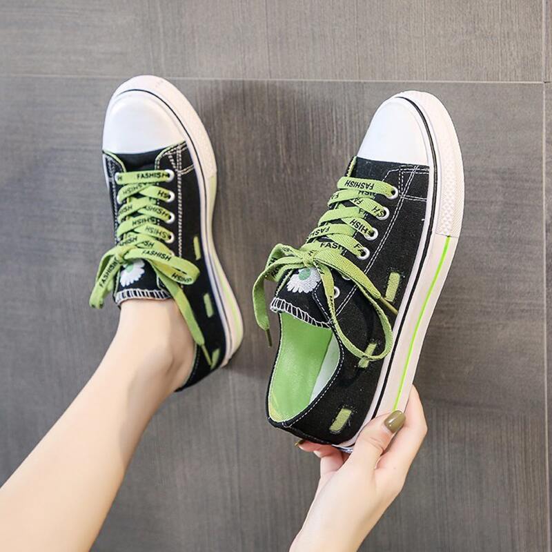 

Letter Strap Lace-up Canvas Sneakers, Black