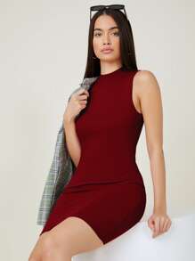 SHEIN BASICS Vestido ajustado algodón cuello alto - Burdeos - Ver 1