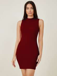 SHEIN BASICS Vestido ajustado algodón cuello alto - Burdeos - Ver 4