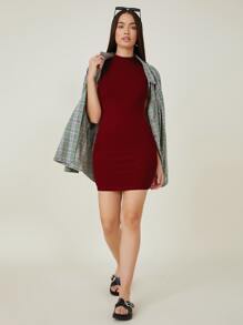 SHEIN BASICS Vestido ajustado algodón cuello alto - Burdeos - Ver 5
