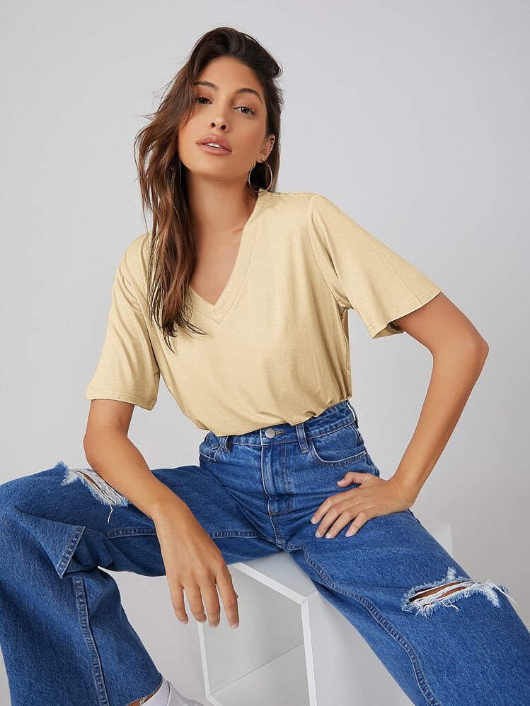 SHEIN BASICS V-neck Solid Tee - Apricot - View 1