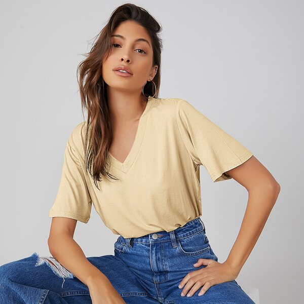 

V-neck Solid Tee, Apricot