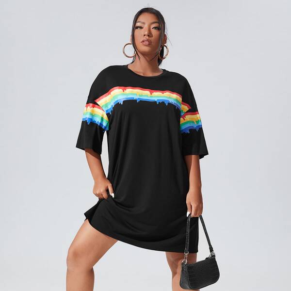 

Plus Drop Shoulder Rainbow Striped Dress, Black