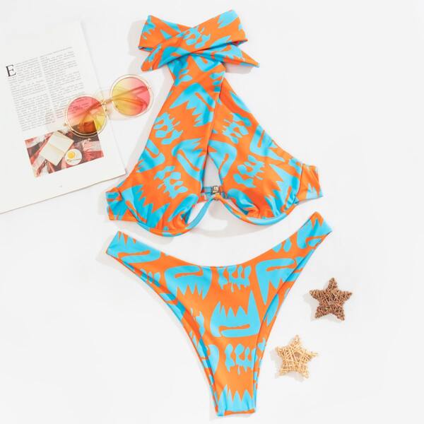 

Allover Print Criss Cross Push Up Bikini Swimsuit, Multicolor