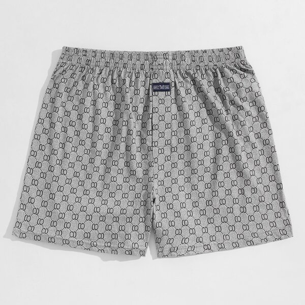

Men Allover Print Letter Patched Sleep Shorts, Grey