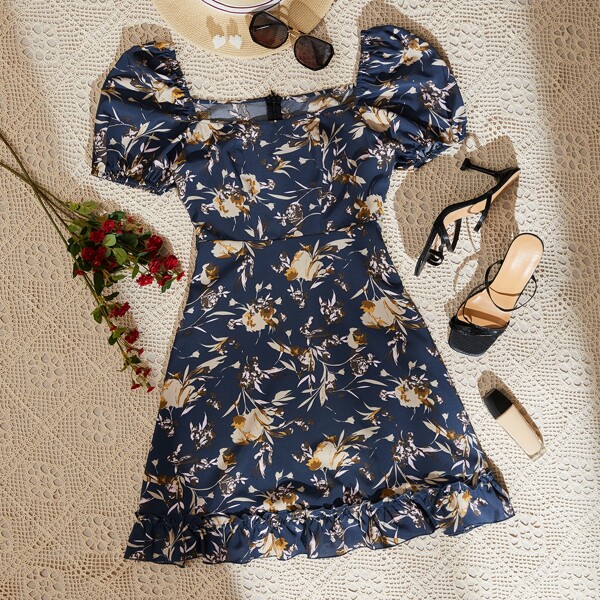 

Puff Sleeve Ruffle Hem Floral Print Dress, Navy blue