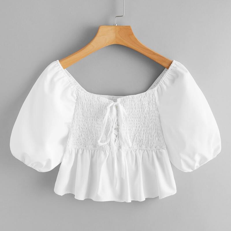 

Solid Shirred Lace Up Crop Top, White
