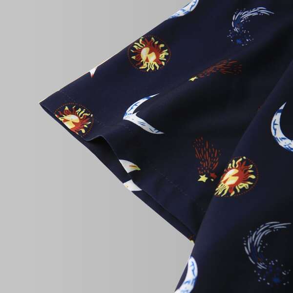 

Men Galaxy Print Button Up Shirt, Navy blue