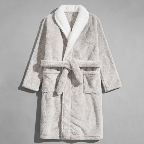 

Men Pocket Front Belted Flannel Bathrobe, Light grey