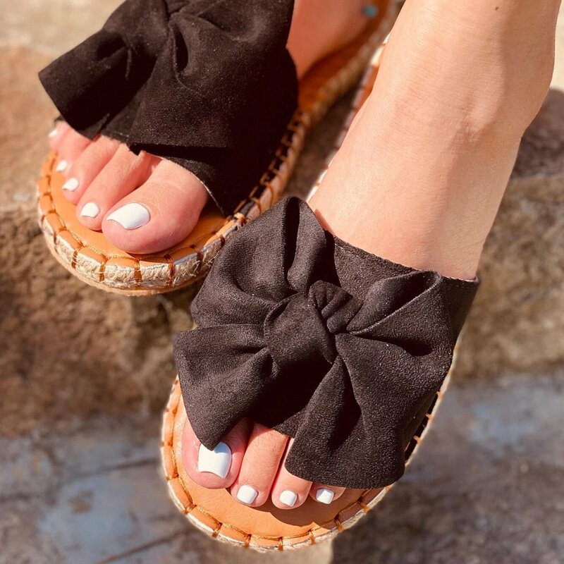 

Bow Band Slide Sandals, Black