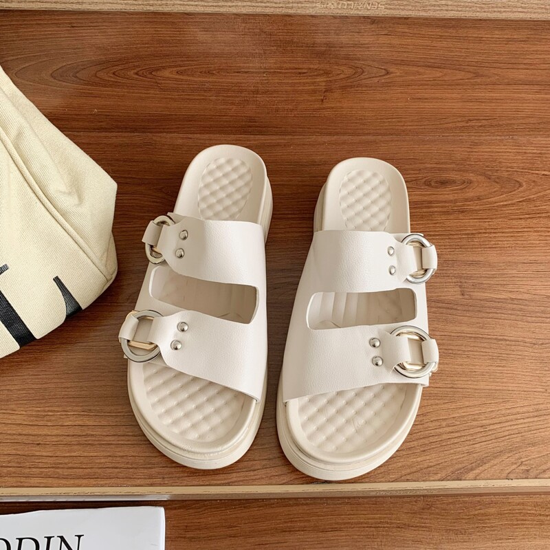 

Ring Buckle Slide Sandals, Beige