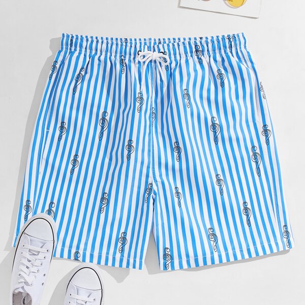 

Men Vertical Stripe Drawstring Waist Swim Trunks, Blue and white