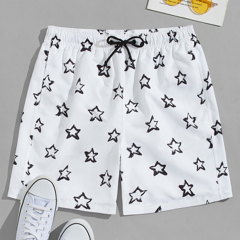 

Guys Star Print Drawstring Waist Swim Trunks, White