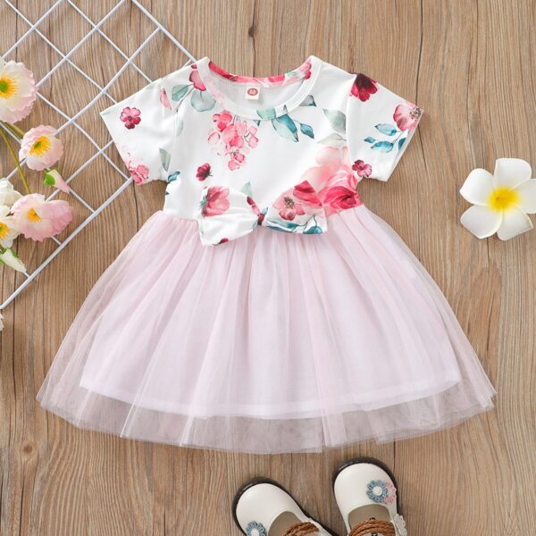 

Baby Girl Floral Bow Front Mesh Hem Dress, Multicolor