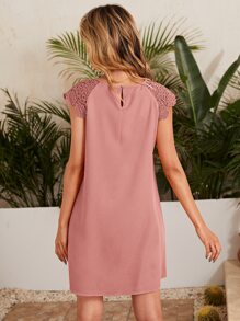 SHEIN LUNE Keyhole Back Guipure Lace Detail Dress - وردي مغبر - مشاهدة 2