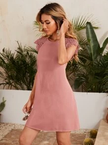 SHEIN LUNE Keyhole Back Guipure Lace Detail Dress - وردي مغبر - مشاهدة 5