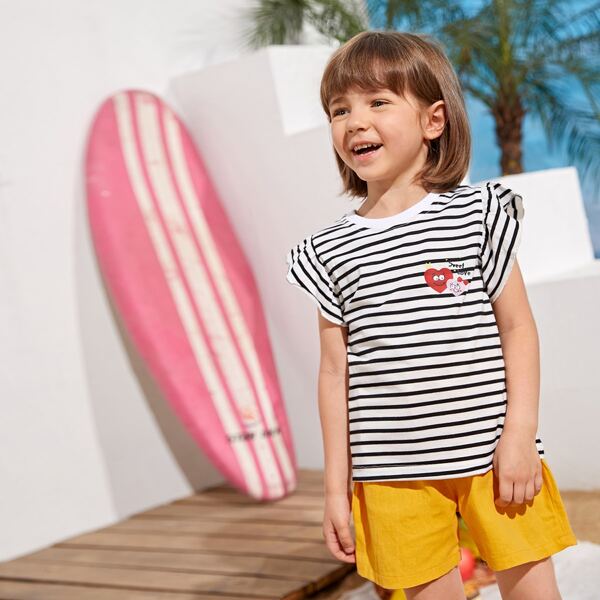 

Toddler Girls Stripe And Cartoon Graphic Tee, Black and white