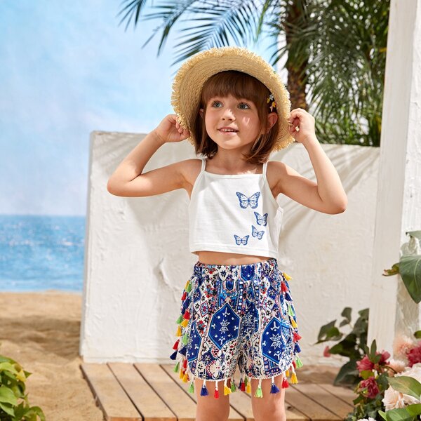 

Toddler Girls Butterfly Print Cami Top & Tassel Shorts, Multicolor