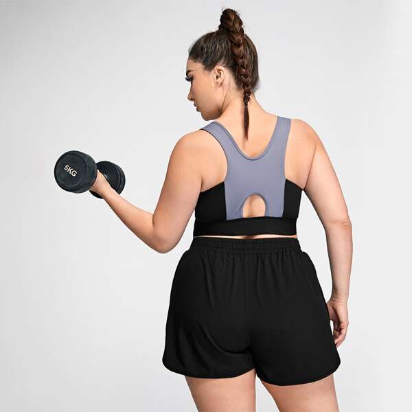

Plus High Support Contrast Panel Zip Front Sports Bra, Black
