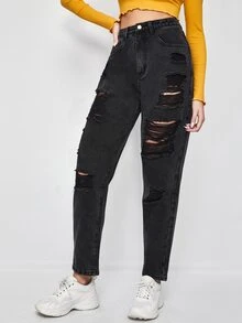 破洞口袋細節牛仔褲 - 深灰色 - 查看 2