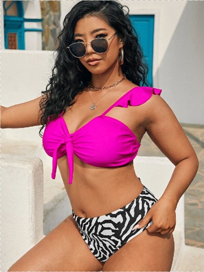 طقم بيكيني كبير الحجم بنقشة خطوط الزيبرا مع عقدة أمامية، صيفي للشاطئ