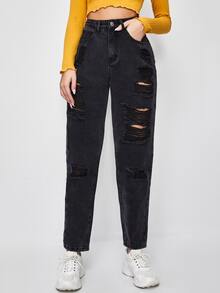 破洞口袋細節牛仔褲 - 深灰色 - 查看 4