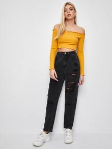 破洞口袋細節牛仔褲 - 深灰色 - 查看 5