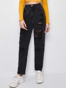 破洞口袋細節牛仔褲 - 深灰色 - 查看 1