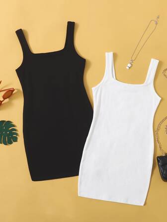 فستان مضلع بقماش مُحبوك لفتيات المراهقات عبوة تحتوي على 2 قطع