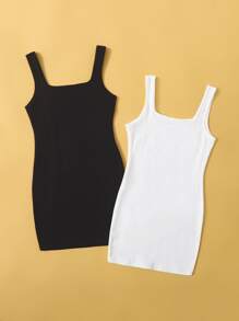 SHEIN Vestido de punto acanalado, paquete de 2 unidades, para niñas preadolescentes - Blanco y Negro - Ver 2