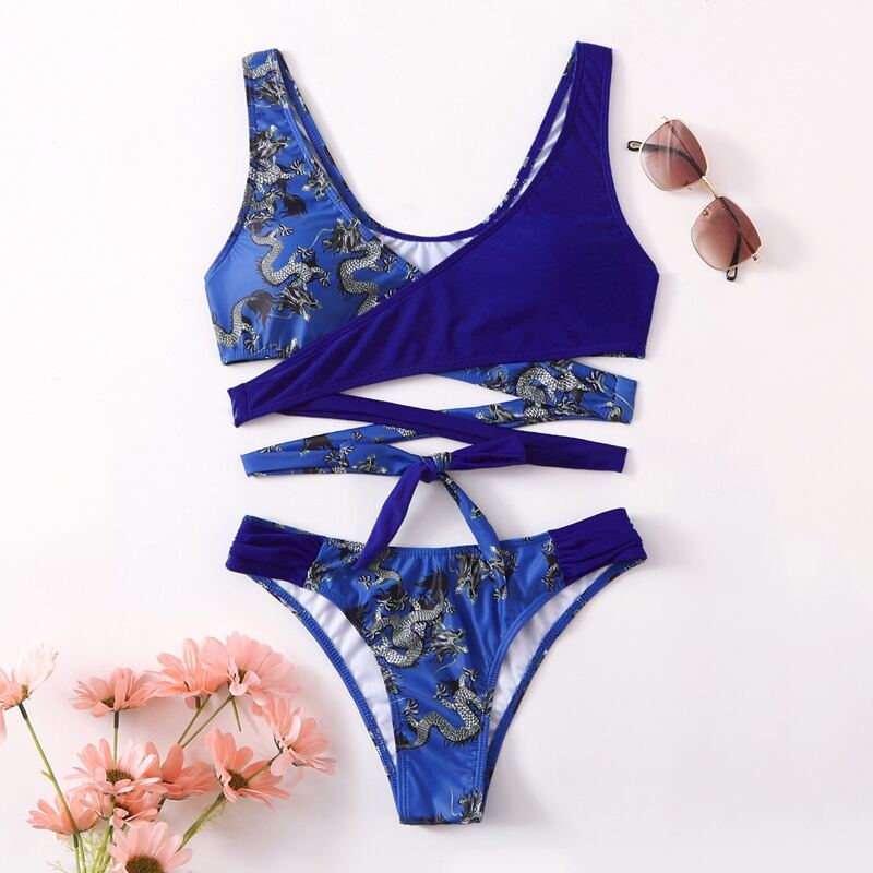 

Chinese Dragon Print Wrap Bikini Swimsuit, Blue