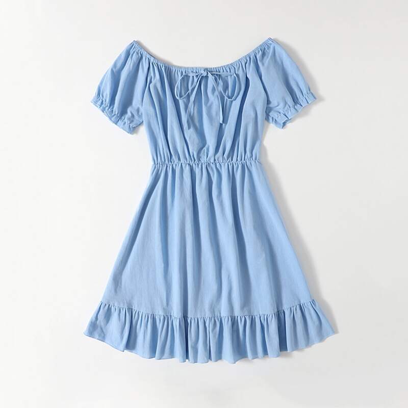

Solid Knot Ruffle Hem Dress, Blue
