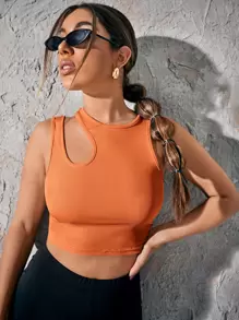SHEIN ChicEase Top corto tejido de canalé de cuello asimétrico - Naranja - Ver 1