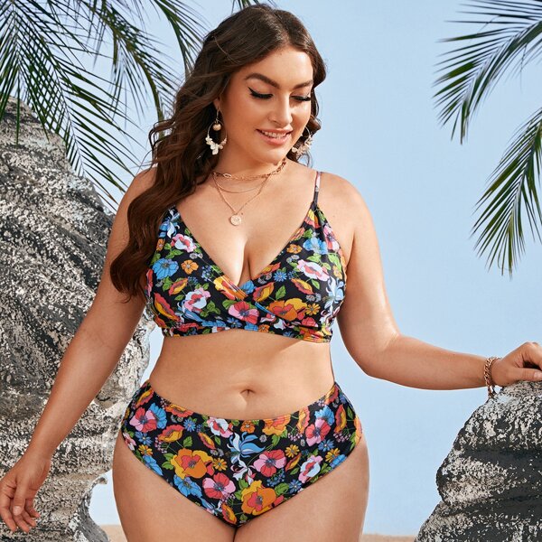 

Plus Floral High Waisted Bikini Swimsuit, Multicolor