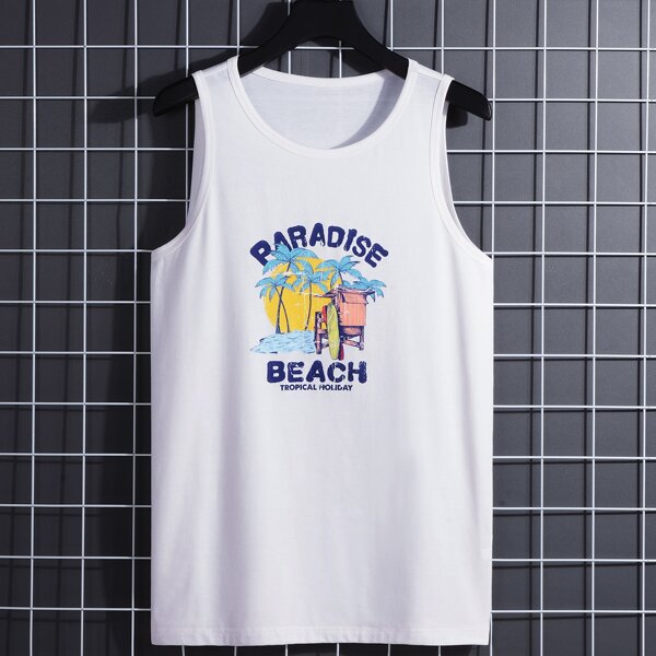 

Men Tropical And Letter Graphic Tank Top, White