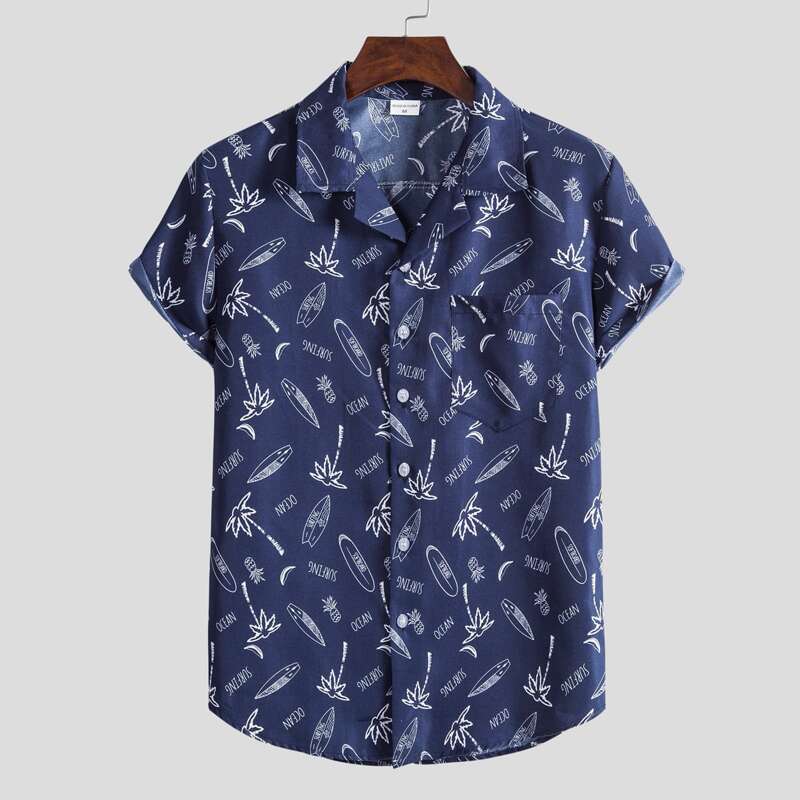 

Guys Letter Coconut Tree Print Button Front Shirt, Navy blue