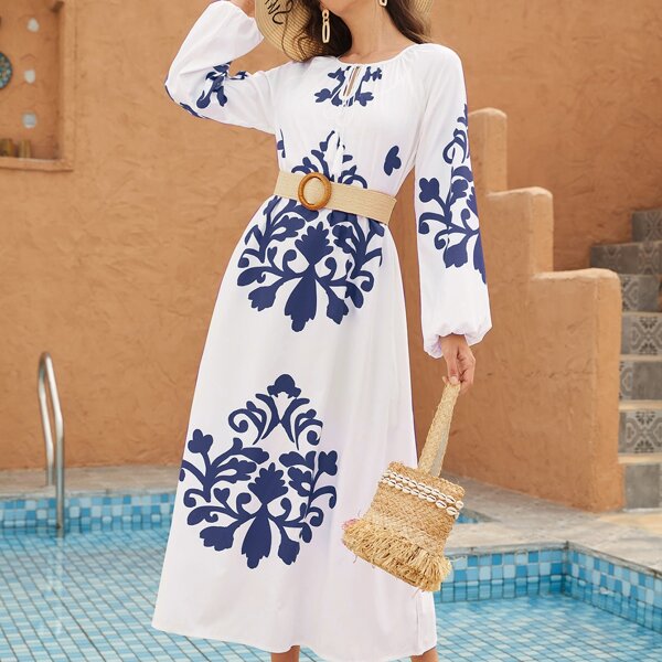 

Tie Neck Floral Print Dress Without Belt, White