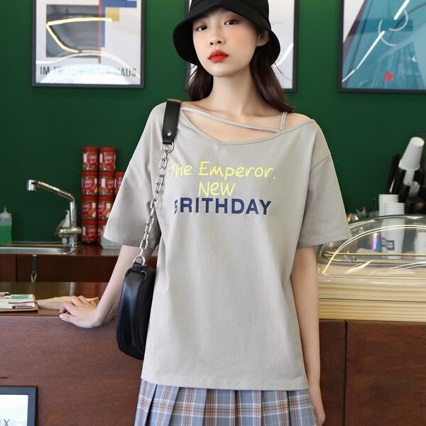 

Letter Graphic Asymmetrical Neck Tee, Khaki