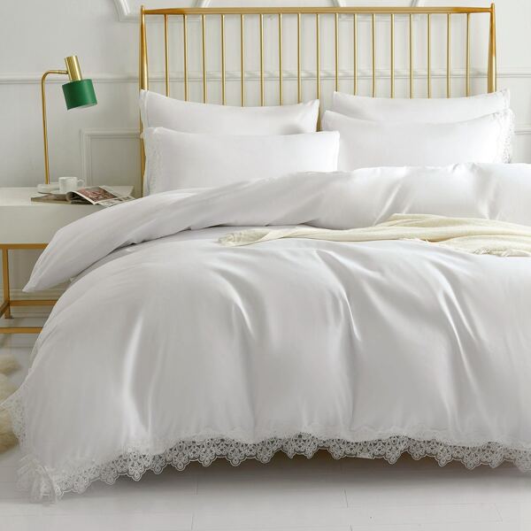 

Lace Trim Duvet Cover Set Without Filler, White