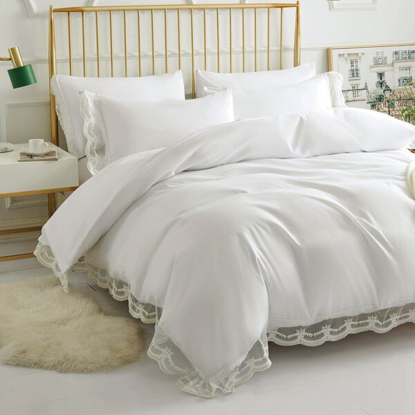 

Lace Trim Duvet Cover Set Without Filler, White