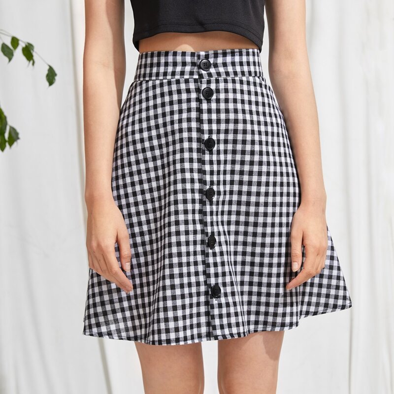 

Gingham Button Front Skirt, Black and white
