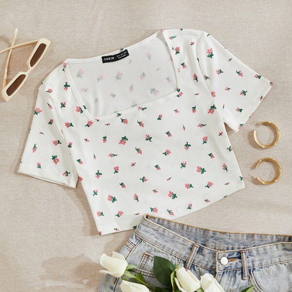 

Ditsy Floral Square Neck Tee, White