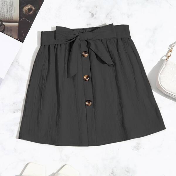 

Tie Button Front Skirt, Black