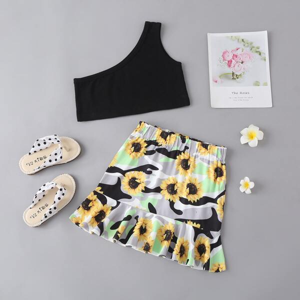 

Toddler Girls One Shoulder Top & Floral Ruffle Hem Skirt, Multicolor