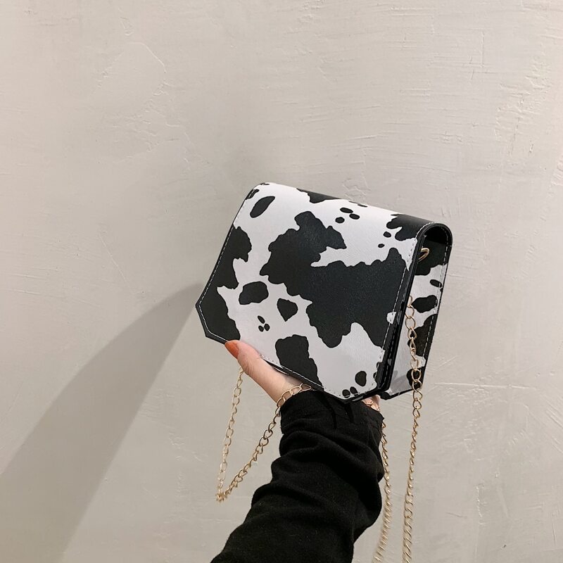 

Cow Print Chain Crossbody Bag, Black