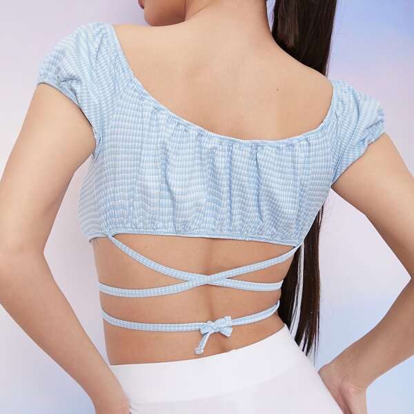 

Gingham Crisscross Self-Tie Short Sleeve Crop Top, Blue and white