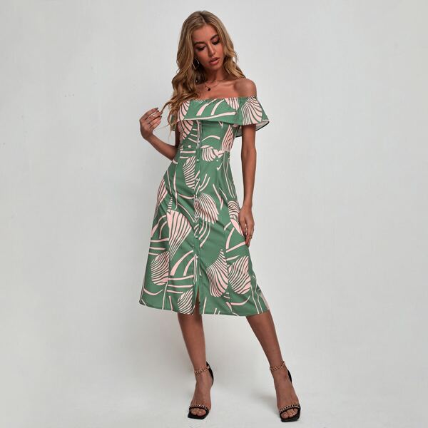 

Graphic Print Button Front Off The Shoulder Dress, Green