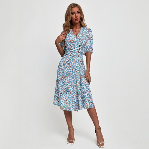

Allover Print Bishop Sleeve Split Hem A-line Dress, Multicolor